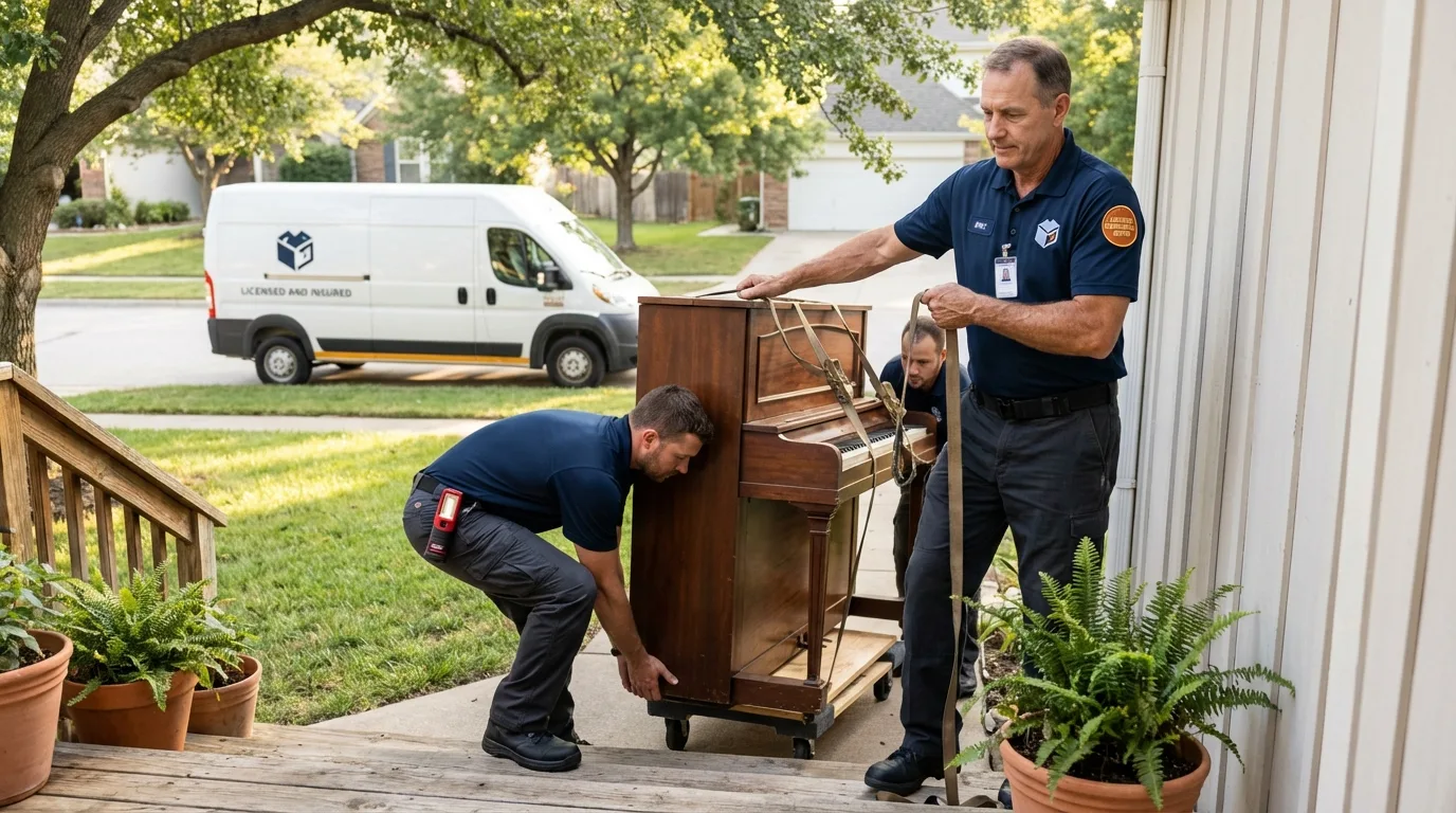 Licensed piano movers securing grand piano in Vinton, LA