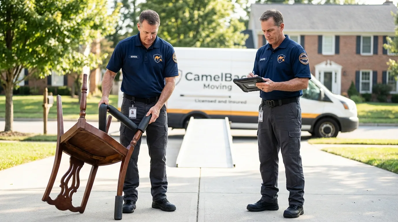 Movers inspecting furniture for damage prevention before loading in Vinton, LA